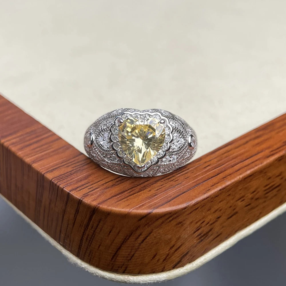 Wong Rain 925 Sterling Silver Heart Cut 8 MM Citrine Sapphire High Carbon Diamond Ring for Women Fine Jewelry Anniversary Gifts