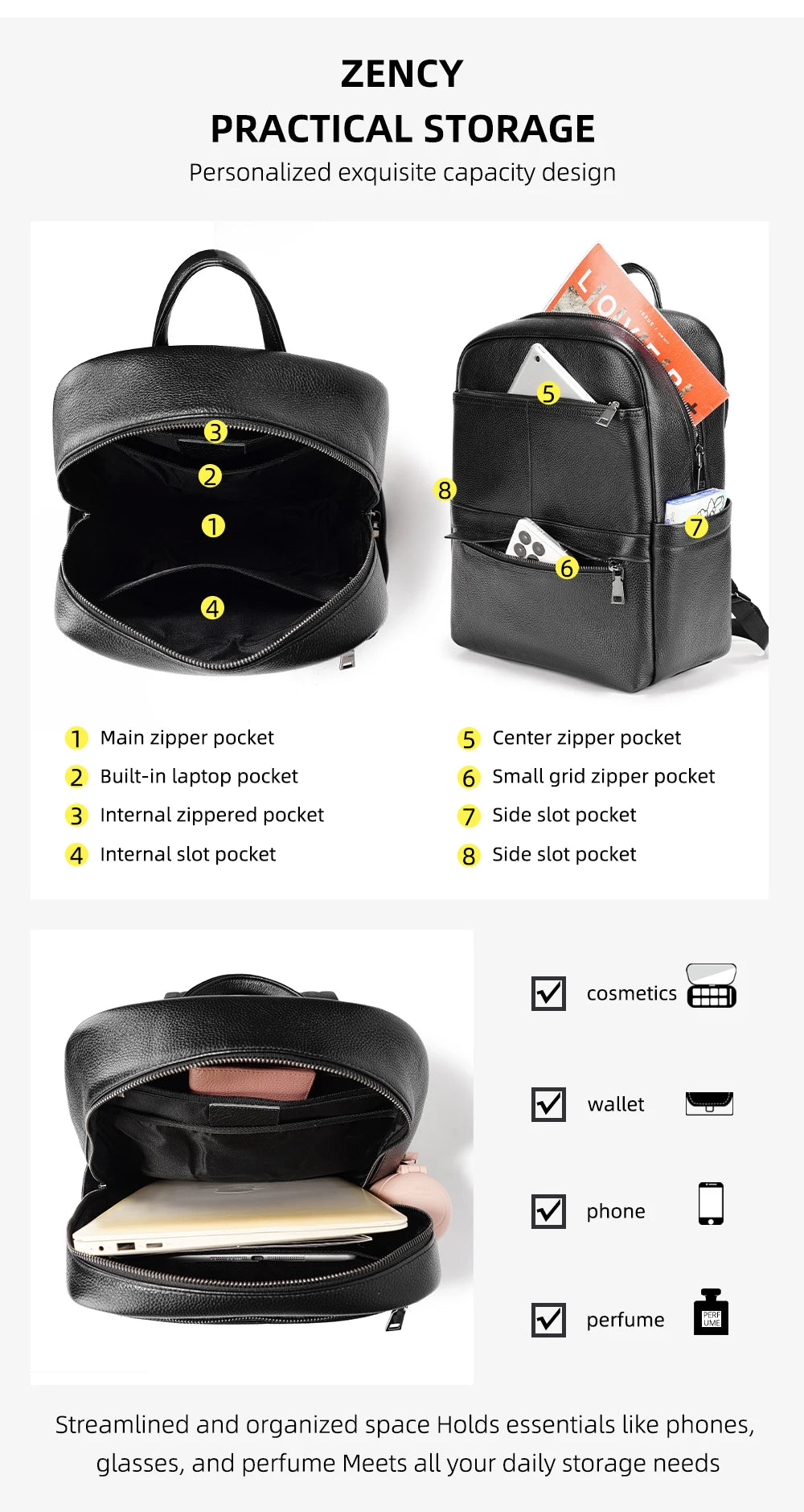 Zency Genuine Leather Backpack Bag Simple Casual Large Capacity Women's Knapsack Travel Outdoor Female Rucksack Unisex Mochilas