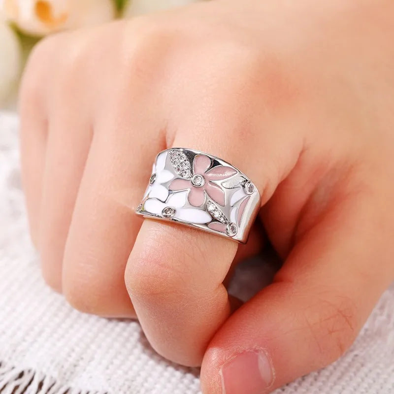 Huitan Aesthetic Enamel Flower Finger Ring for Women Wedding Party New 2023 Ring Silver Color Luxury Cubic Zirconia Jewelry Gift