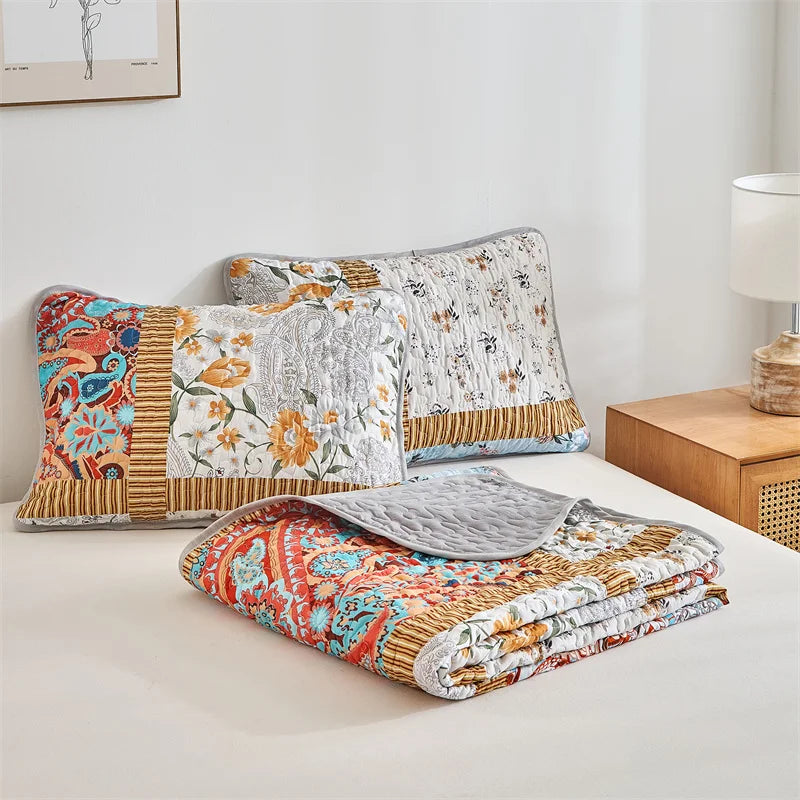 New Quilted Bedspread Set,Soft Microfiber,Thick Bed Cover+Pillowcase,European Flower Patchwork Mattress Topper Bed Sheets King