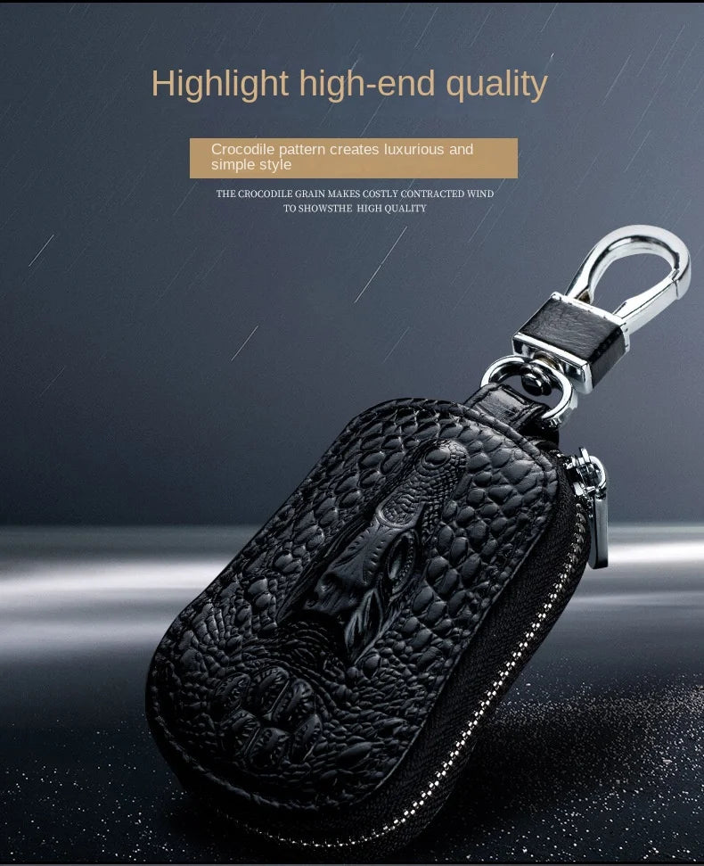 Cowhide Car Key Wallet Case Genuine Leather Crocodile Pattern Zipper Cover Mini Waist Trailer Key Bag Unisex with Metal Buckle