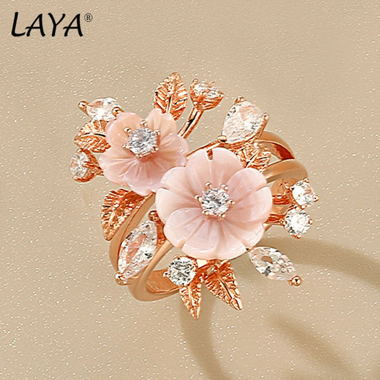 LAYA Ring 100% 925 Sterling Silver For Women Pink Shell Flower White Shining Zircon Finger Wedding Party Luxury Fine Jewelry