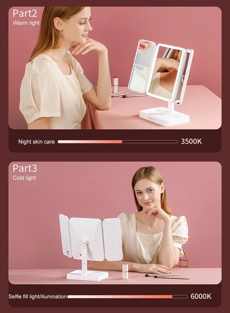 Tri-Fold Makeup Mirror with Led Light, Rotable Cute Desk Vanity Mirror 3 Tone with 2X/3X Magnifying Gift for Mom Wife Girlfriend