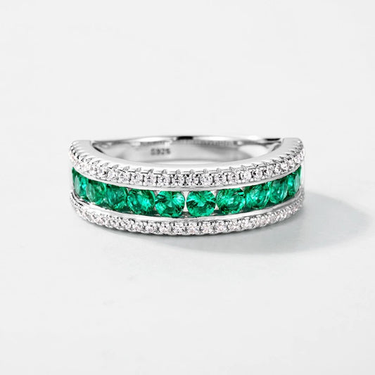 Wong Rain Vintage 925 Sterling Silver Round Cut 2.5 MM Emerald Gemstone Row Rings Fine Jewelry Wedding Band Anniversary Gifts