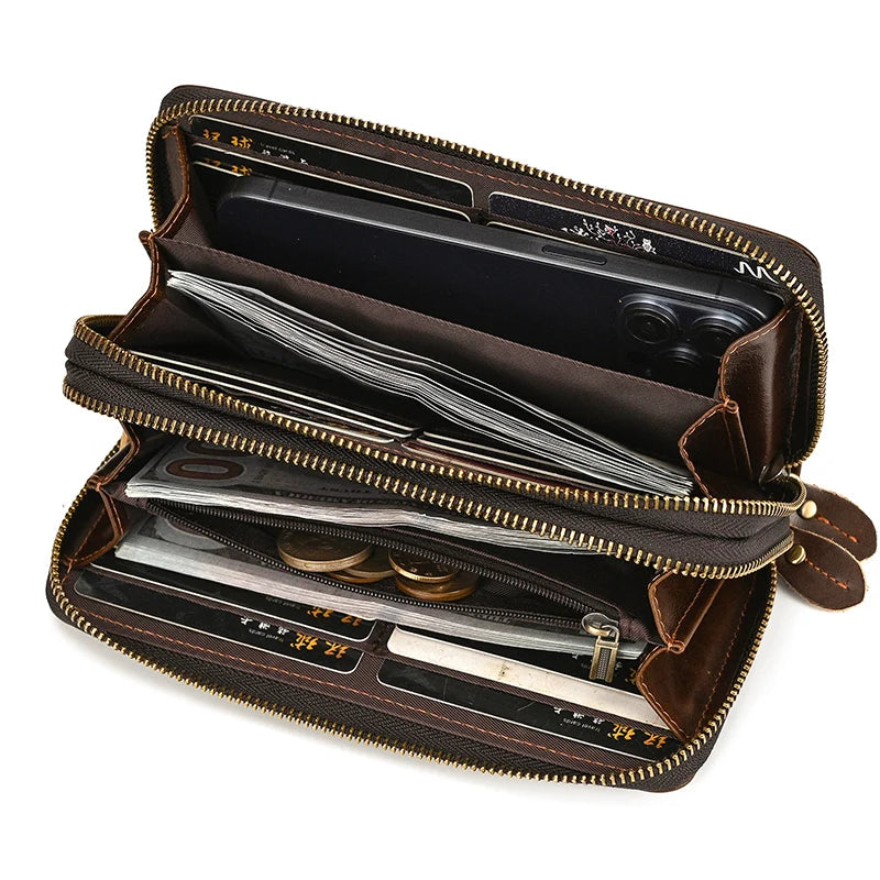 Men's crazy horse Leather long wallet Zip around genuine leather wallet Phone case purse with coin pocket 4 interlayer pocket