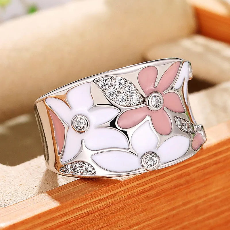 Huitan Aesthetic Enamel Flower Finger Ring for Women Wedding Party New 2023 Ring Silver Color Luxury Cubic Zirconia Jewelry Gift
