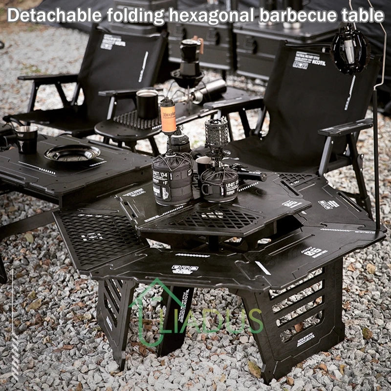 Multi-Functional Camping Table Portable 6-Sided BBQ&Tea Table, Foldable&Removable Outdoor Stove Complete Set For Outdoor Cooking