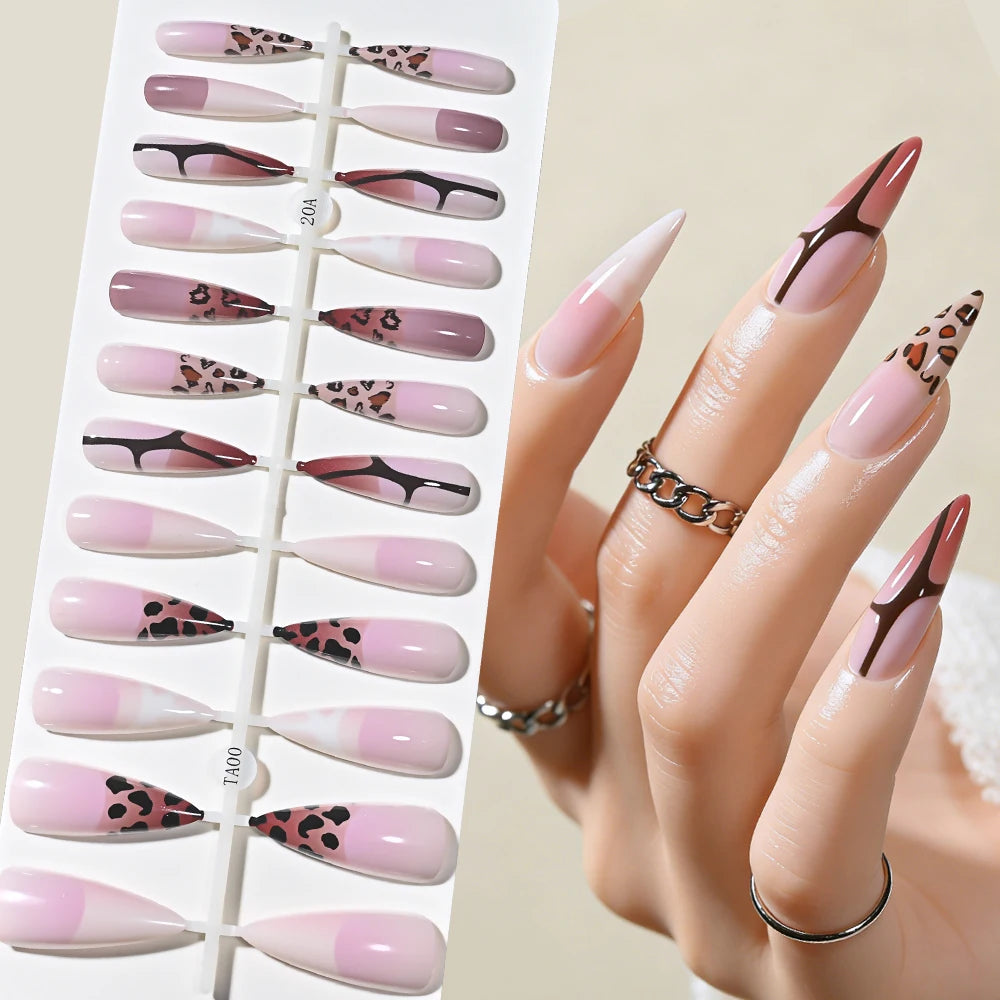 120Pcs Y2k Star Leopard Print Long Stilettos False Nails 5-Styles Pink/Blue Glossy Acrylic Press on nails Full Cover Fake Nails_