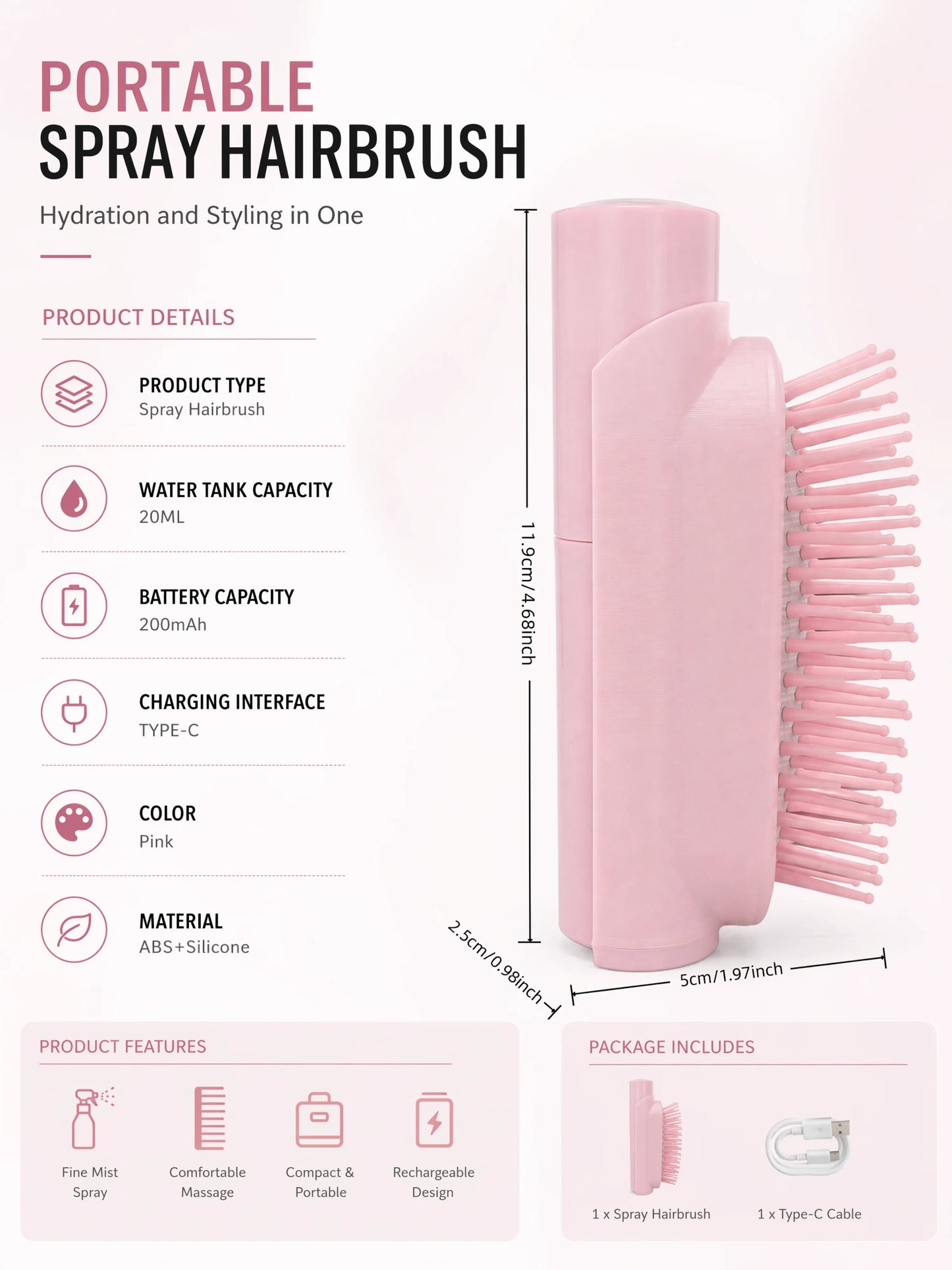 2 In 1 Spray Hair Brush Refillable Water Mist Comb Portable Detangling Scalp Massage Anti Frizz Hair Styling Travel Brush