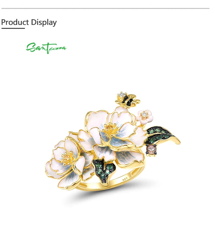 SANTUZZA Pure 925 Sterling Silver Rings For Women Green Spinel Yellow White CZ Handmade Enamel Flower Ring Delicate Fine Jewelry
