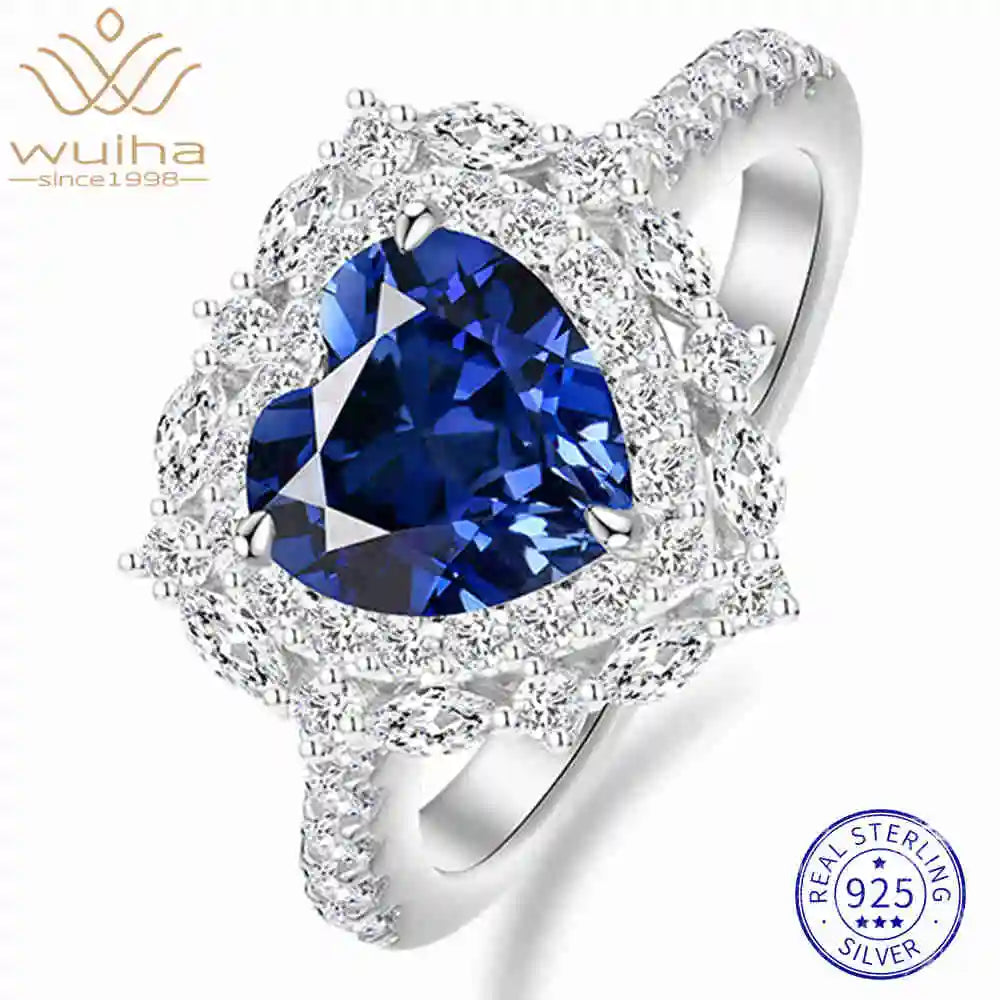 WUIHA Vintage 100% 925 Sterling Silver Heart Cut Lab Sapphire High Carbon Diamonds Gemstone Wedding Engagement Ring Fine Jewelry