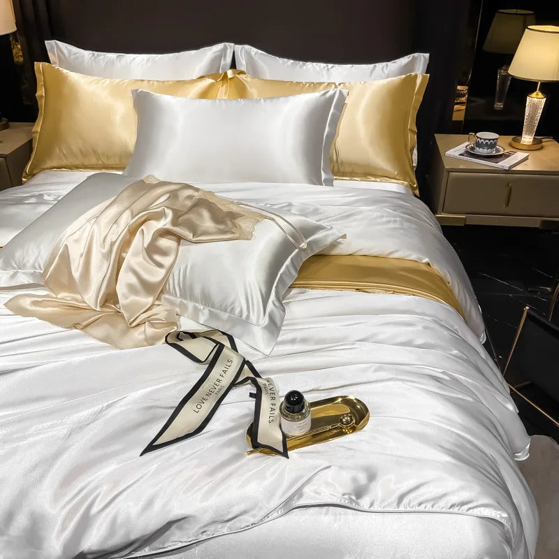 Real 100% Mulberry Silk Bedding Set with Duvet Cover Fitted/Flat Bed Sheet Pillowcase Solid Color 4pcs King Queen Twin Bed Sets