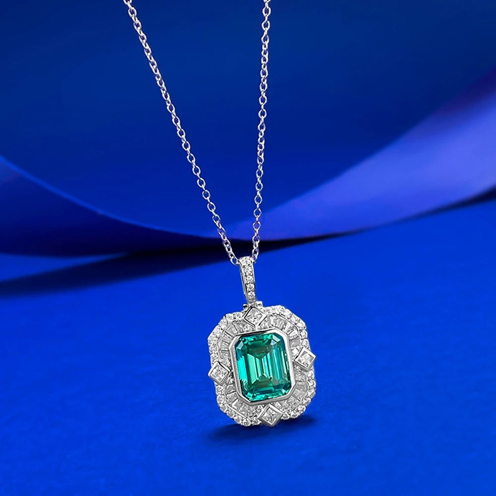 Wong Rain Vintage 925 Sterling Silver Asscher Cut 8*10 MM Paraiba Tourmaline High Carbon Diamonds Pendant Necklace Fine Jewelry