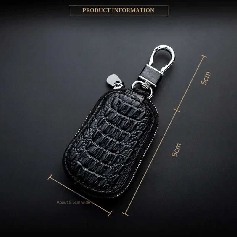 Cowhide Car Key Wallet Case Genuine Leather Crocodile Pattern Zipper Cover Mini Waist Trailer Key Bag Unisex with Metal Buckle