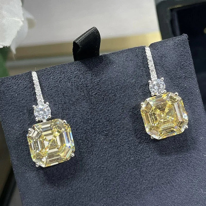 ELSIEUNEE 100% 925 Strerling Silver 12*12MM Asscher Cut Sparkling Citrine High Carbon Diamond Drop Earrings for Women Party Gift