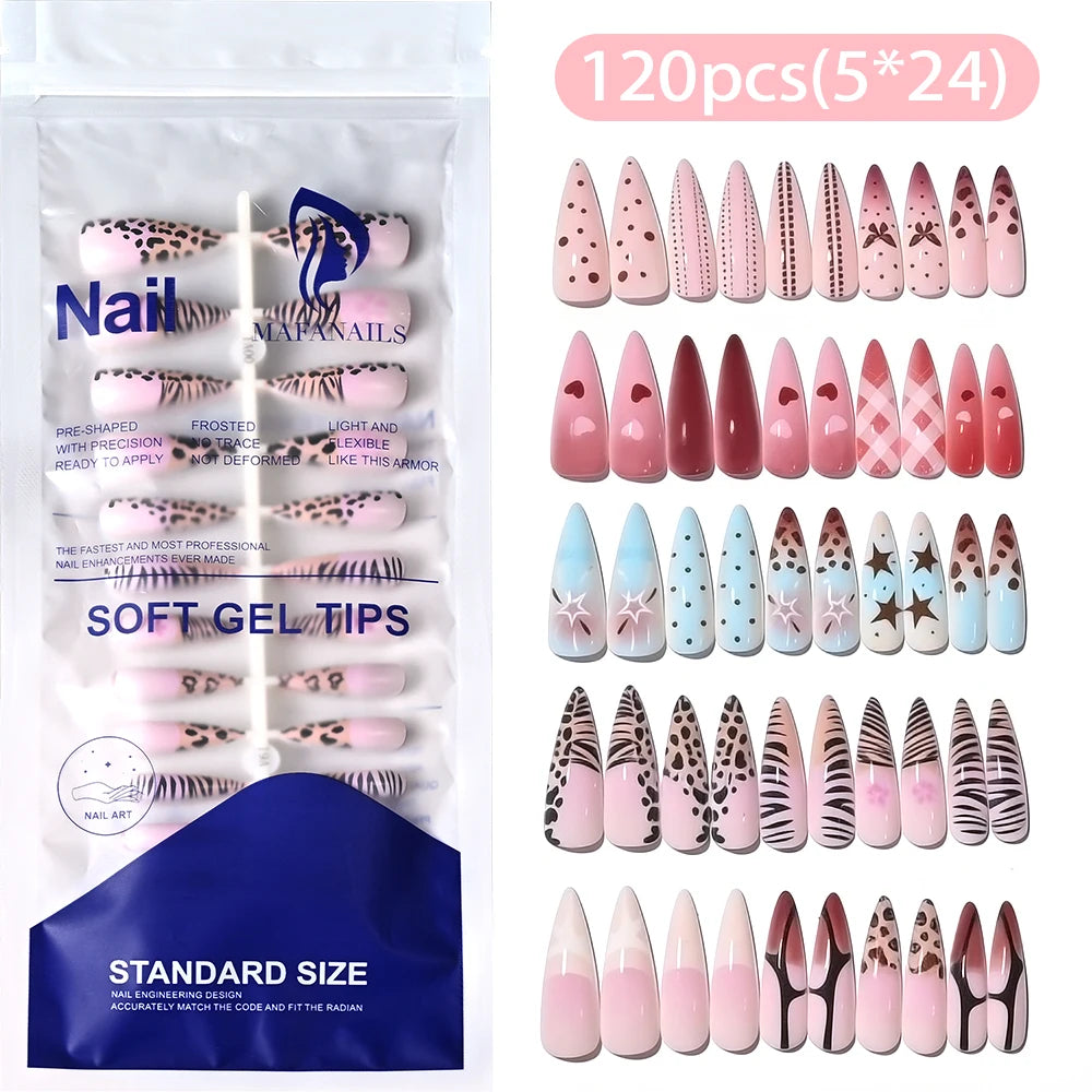 120Pcs Y2k Star Leopard Print Long Stilettos False Nails 5-Styles Pink/Blue Glossy Acrylic Press on nails Full Cover Fake Nails_