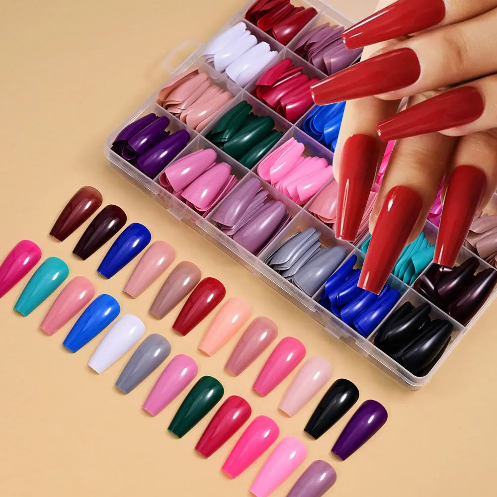 576pcs/box Colorful Long Coffin Fake Nails Glossy Soft Gel French Nail Tips Simple Press On Nail 24Grid Huge Capacity False Nail