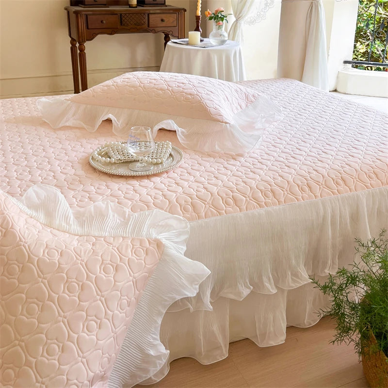 Summer Lace Ruffles Quilted Cooling Bed Skirt, Cool Feeling Fibre Mattress Cover, Bedspread, Bed Sheet, With Pillowcases, 3Pcs