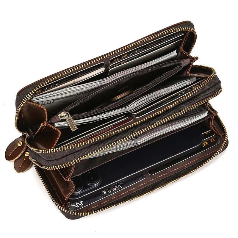 Men's crazy horse Leather long wallet Zip around genuine leather wallet Phone case purse with coin pocket 4 interlayer pocket