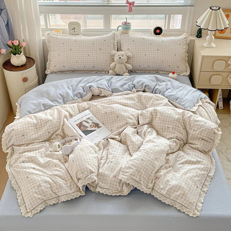 INS Princess Bedding Set 이불세트 2025 New Soft Wrinkled Double-layer Bed Flat Sheet Twin Queen Size Duvet Set Pillowcase Bed Linens