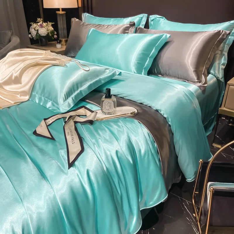 Real 100% Mulberry Silk Bedding Set with Duvet Cover Fitted/Flat Bed Sheet Pillowcase Solid Color 4pcs King Queen Twin Bed Sets