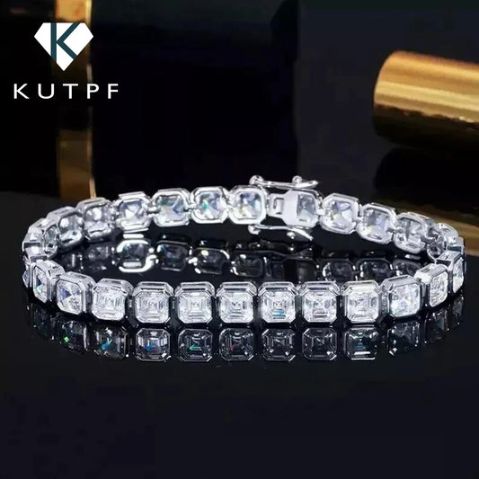 Bezel Set Asscher Cut All Moissanite Tennis Bracelets for Women 925 Sterling Silver Lab Diamond Bracelet Bangle with Certificate