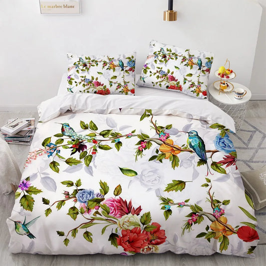 Flower Bird King Queen Duvet Cover Colorful Tropical Floral Bedding Set For Women Watercolor Plant 2/3pcs Polyester Quilt Cover