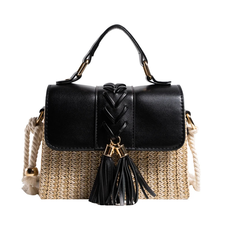 MOODS Straw Beach Bag For Women 2023 Summer New Luxury Designer Handbags Hit Color Tassels Shoulder Crossbody Box Bag Sac A Main