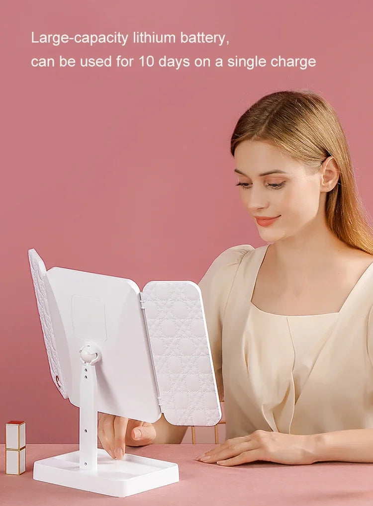 Tri-Fold Makeup Mirror with Led Light, Rotable Cute Desk Vanity Mirror 3 Tone with 2X/3X Magnifying Gift for Mom Wife Girlfriend