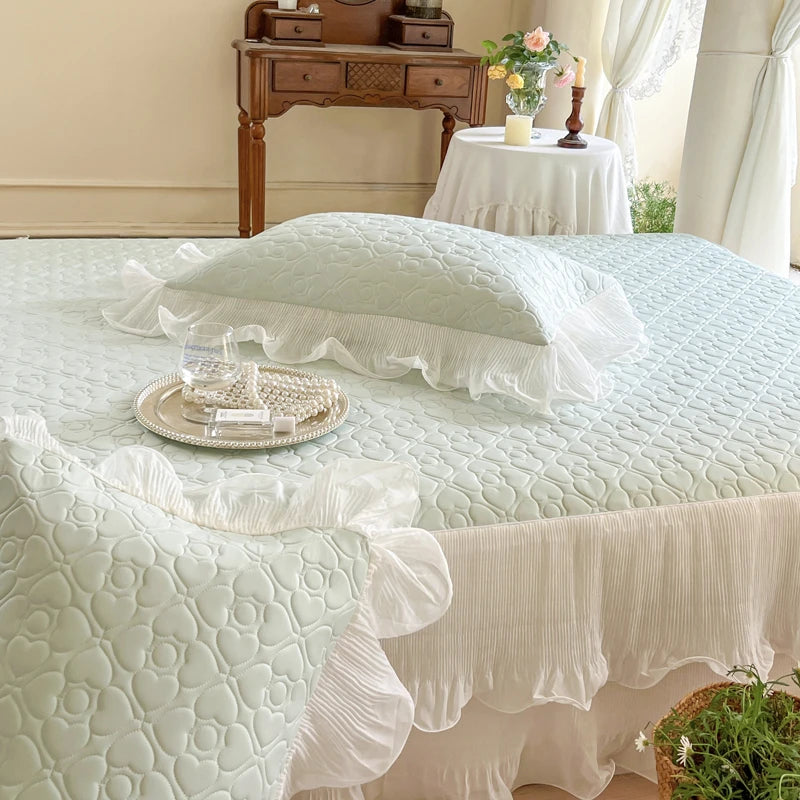 Summer Lace Ruffles Quilted Cooling Bed Skirt, Cool Feeling Fibre Mattress Cover, Bedspread, Bed Sheet, With Pillowcases, 3Pcs