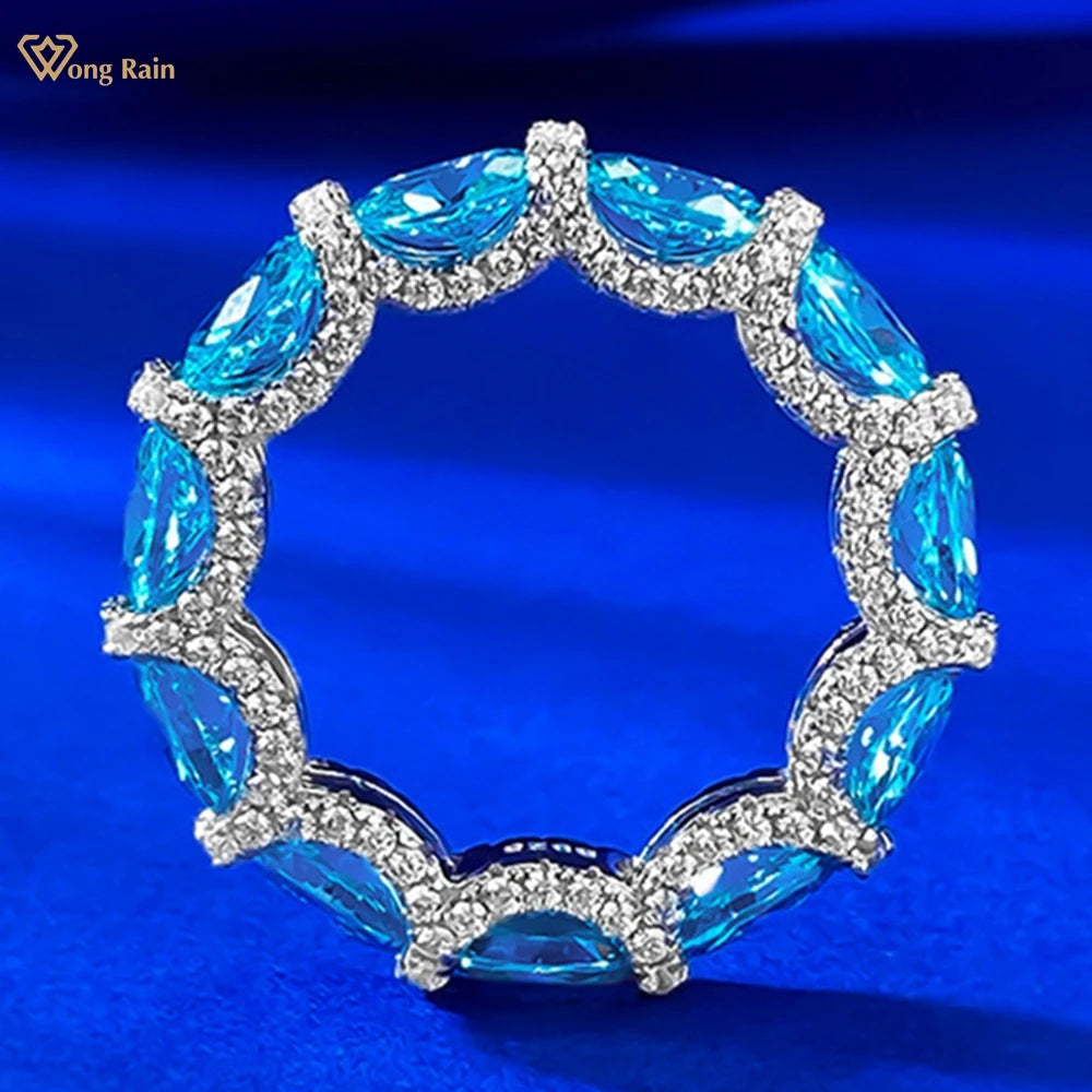Wong Rain Luxury 925 Sterling Silver Oval Cut 4*6 MM Aquamarine High Carbon Diamond Gemstone Row Rings Fine Jewelry Wedding Band