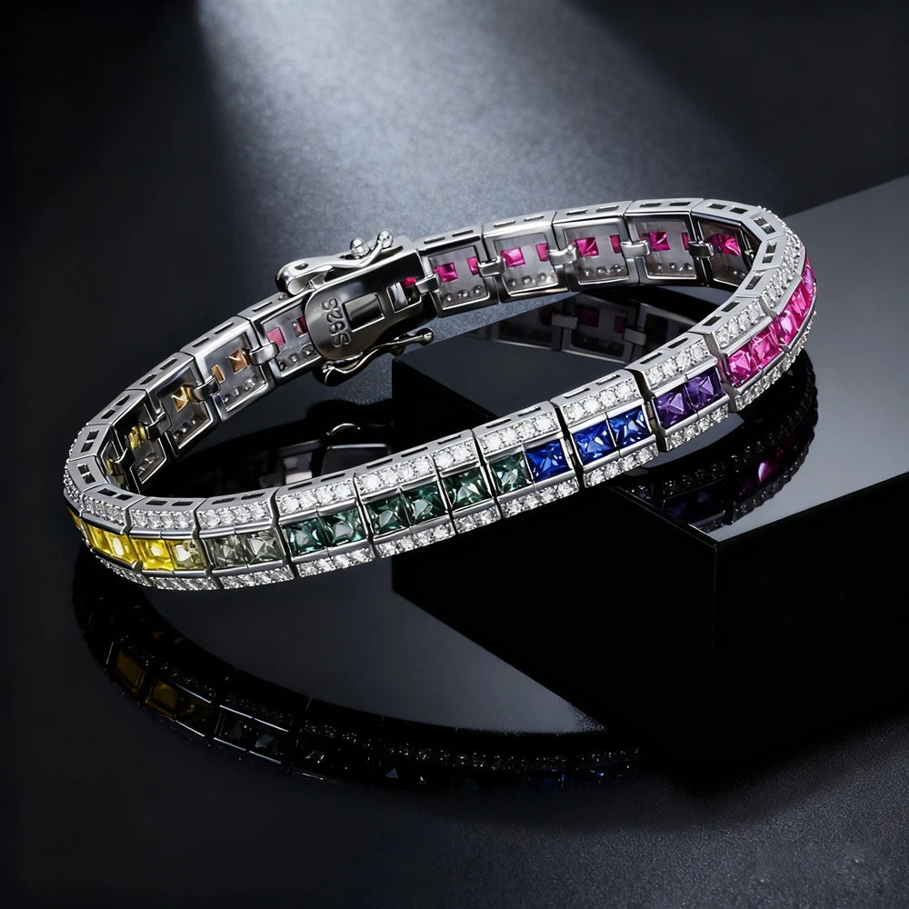 Wong Rain 925 Sterling Silver Lab Sapphire High Carbon Diamond Gemstone Colorful Bracelets Bangle Fine Jewelry Anniversary Gifts