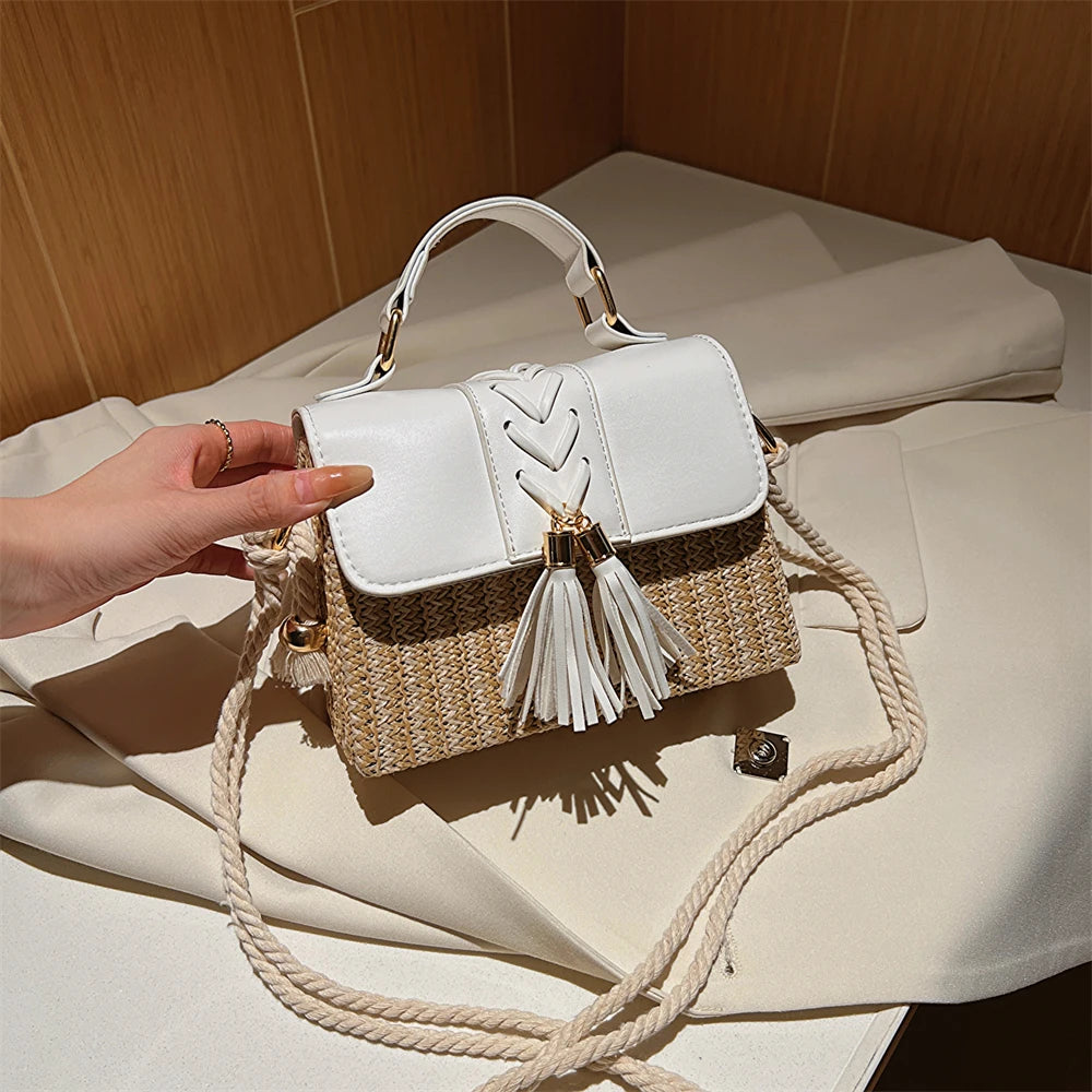 MOODS Straw Beach Bag For Women 2023 Summer New Luxury Designer Handbags Hit Color Tassels Shoulder Crossbody Box Bag Sac A Main