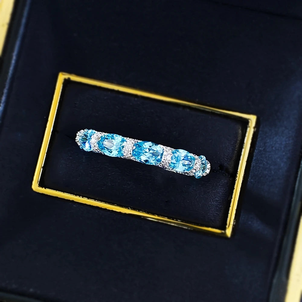 Wong Rain Luxury 925 Sterling Silver Oval Cut 4*6 MM Aquamarine High Carbon Diamond Gemstone Row Rings Fine Jewelry Wedding Band