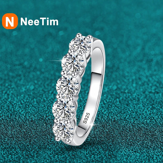 NeeTim Full 4mm Moissanite Ring for Women 5 Stones Diamond Wedding Band Bride S925 Sterling Silver with White Gold Plated Rings
