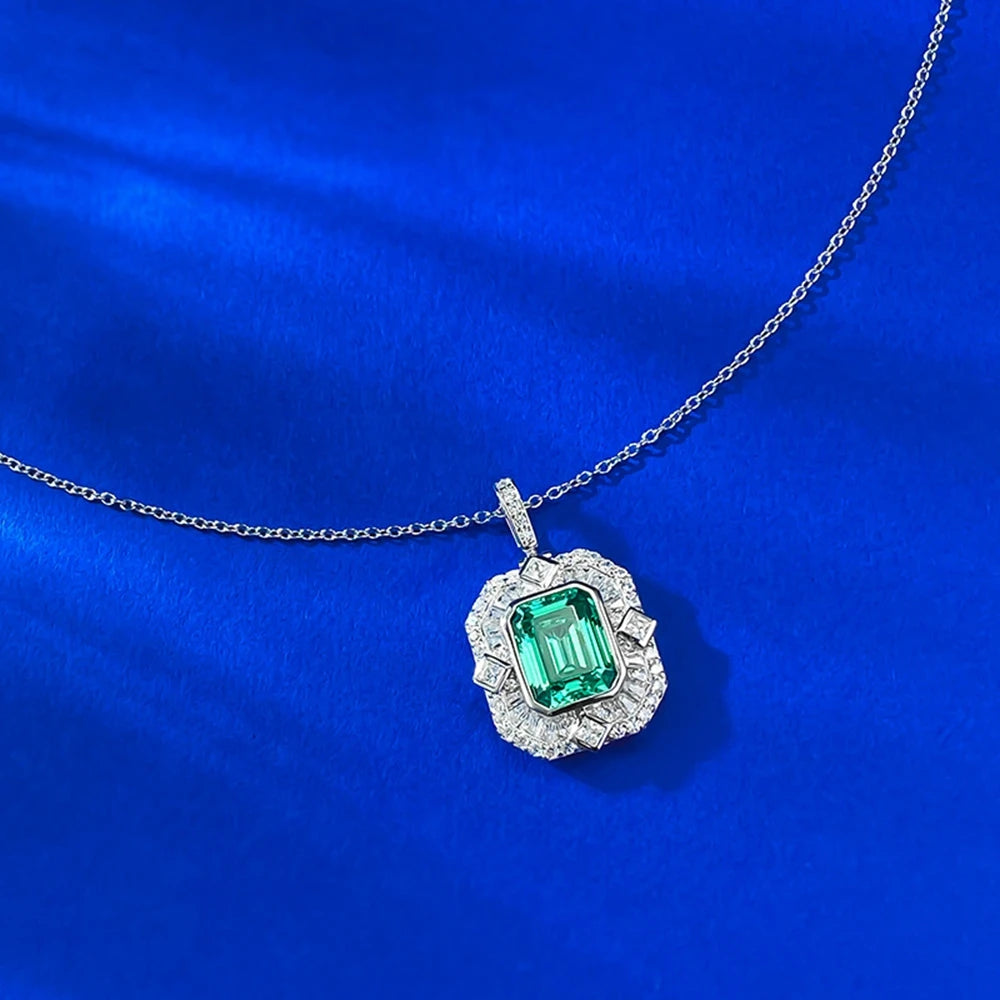 Wong Rain Vintage 925 Sterling Silver Asscher Cut 8*10 MM Paraiba Tourmaline High Carbon Diamonds Pendant Necklace Fine Jewelry