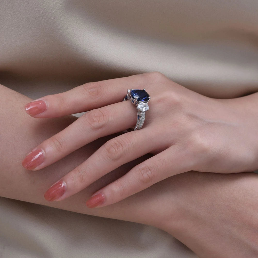 Wong Rain Classic 925 Sterling Silver Oval Cut Sapphire High Carbon Diamond Gems Pendant/Necklace/Earrings/Rings Jewelry Sets