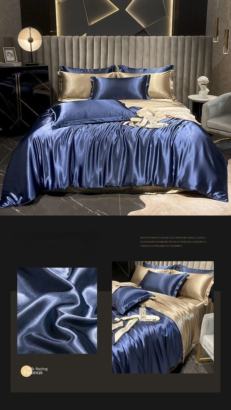 Real 100% Mulberry Silk Bedding Set with Duvet Cover Fitted/Flat Bed Sheet Pillowcase Solid Color 4pcs King Queen Twin Bed Sets