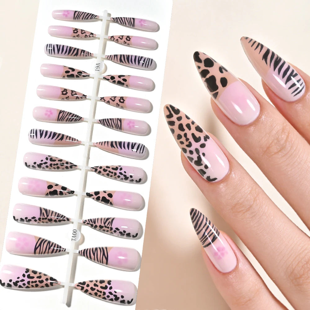 120Pcs Y2k Star Leopard Print Long Stilettos False Nails 5-Styles Pink/Blue Glossy Acrylic Press on nails Full Cover Fake Nails_