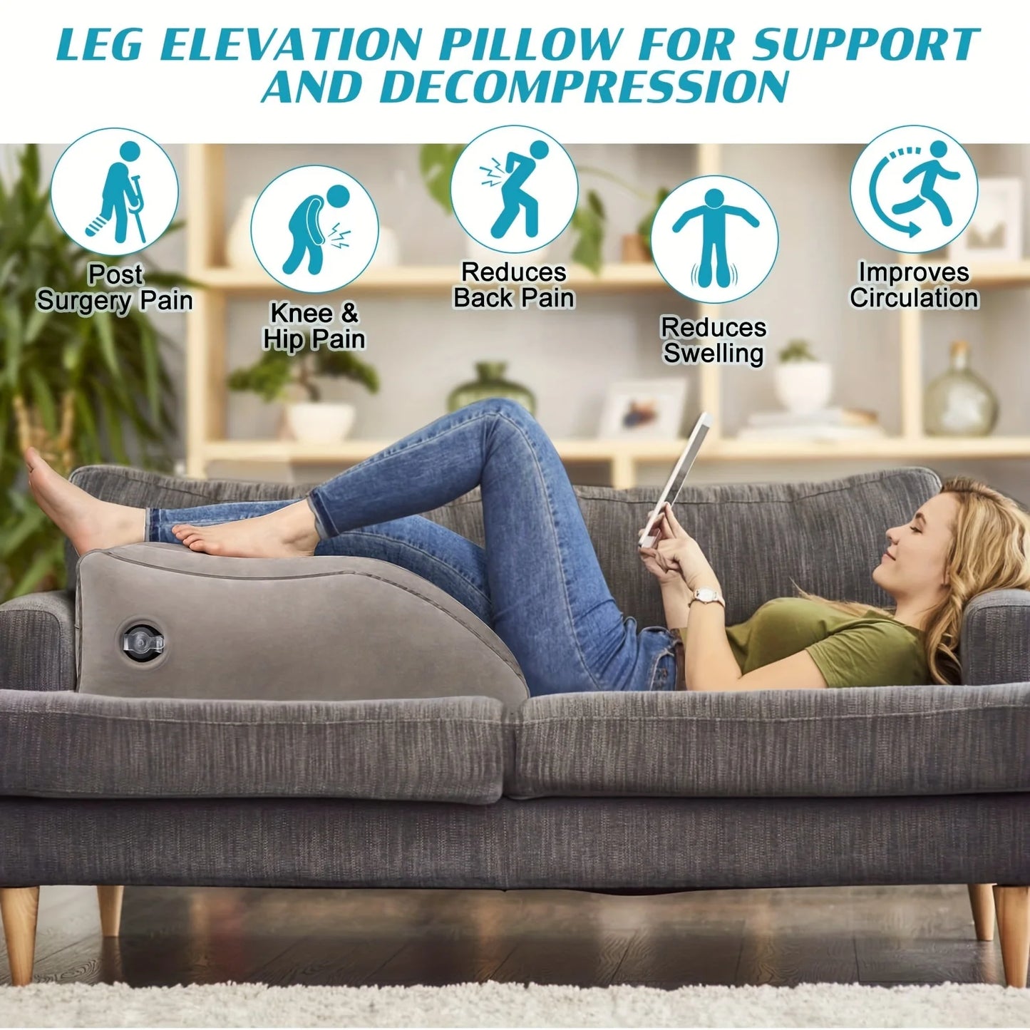 Plush inflatable leg and knee relief support cushion - gray linen wedge pillow