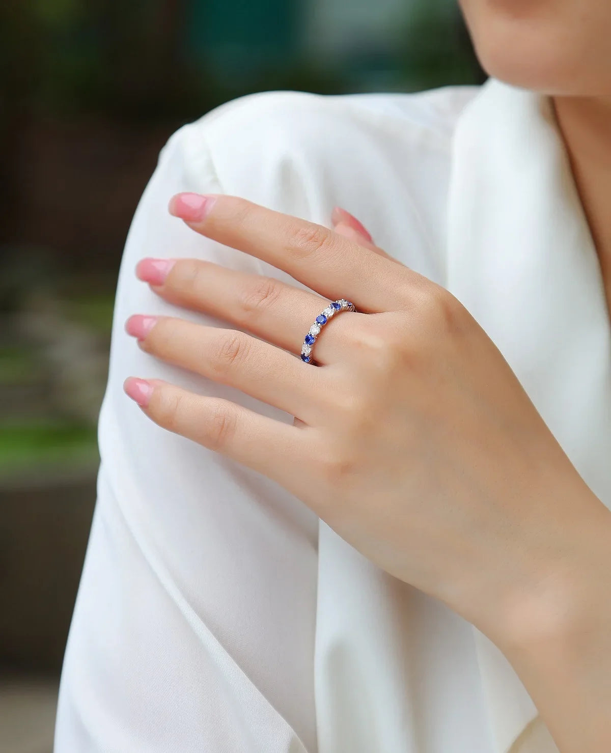 LinkerLove Lab Created Gemstone Sapphire/Emerald/Ruby Wedding Band S925 Sterling Silver Moissanite Diamond Ring Party Jewelry