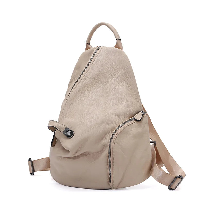Zency Women's Genuine Leather Anti-theft Backpack Black Lady Knapsack High Quality Zipper Buckle Rusksack 2024 New Back Beige