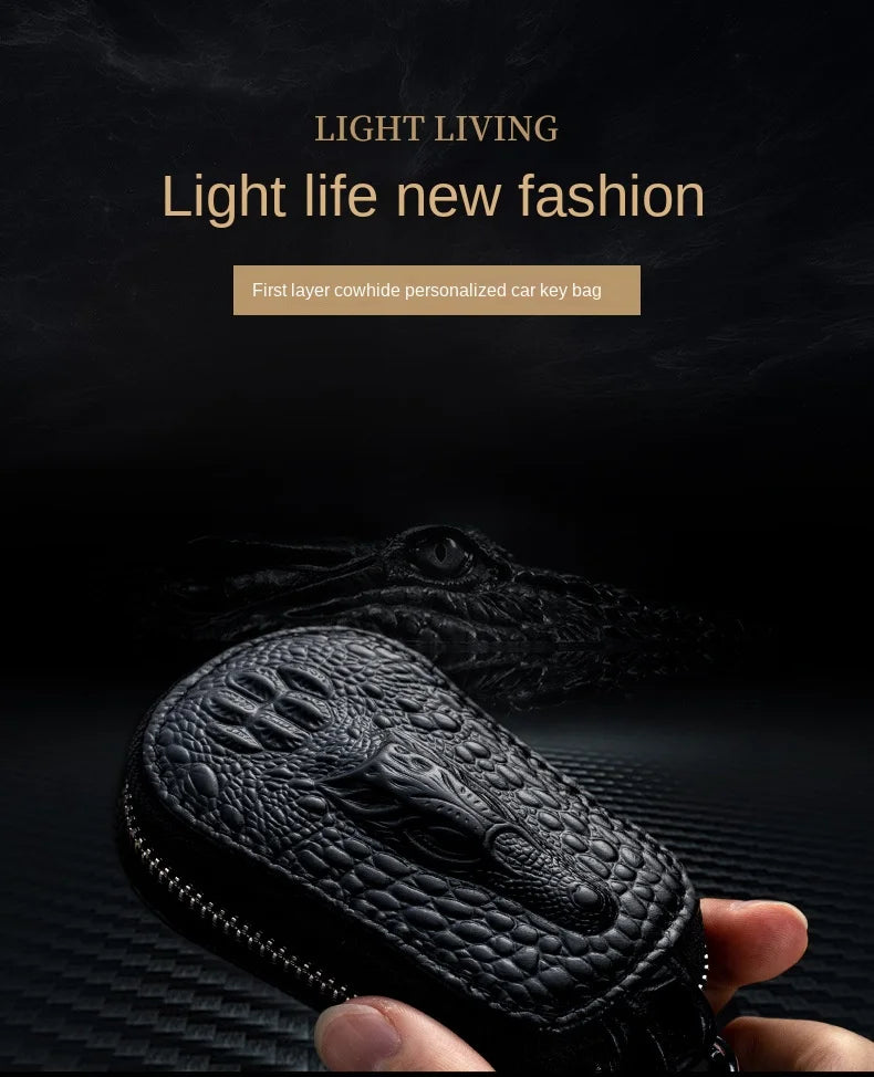 Cowhide Car Key Wallet Case Genuine Leather Crocodile Pattern Zipper Cover Mini Waist Trailer Key Bag Unisex with Metal Buckle