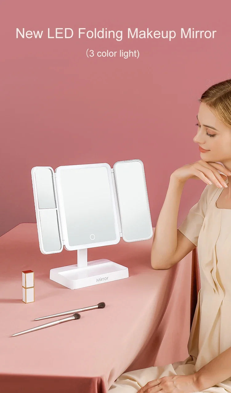 Tri-Fold Makeup Mirror with Led Light, Rotable Cute Desk Vanity Mirror 3 Tone with 2X/3X Magnifying Gift for Mom Wife Girlfriend