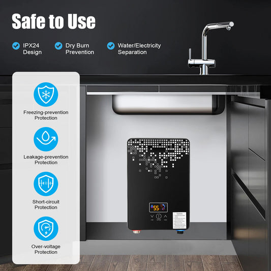 Electric Water Heater 6.5kW Instant Hot Water Heater with Digital Display for Bathroom-220V Black Bathroom Shower Hot Water Set