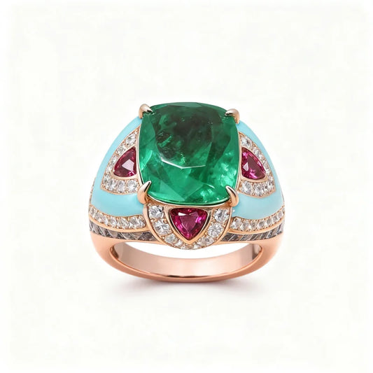 CAMEO Design Fashion Artdeco Jewelry 925 Silver Gold Plated Synthetic Zircon Emerald Ruby Colored Gemstone Vintage Ring