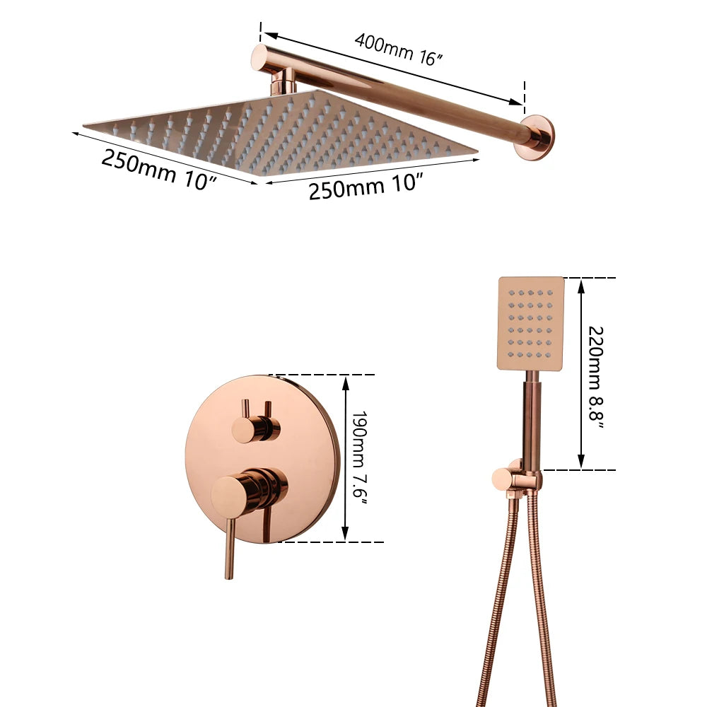 Monite Rose Golden Shower Faucet Rainfall Square Head Pink Gold Bathroom Bathtub Shower Set Faucet w/Hand Shower & Bathtub Mixer