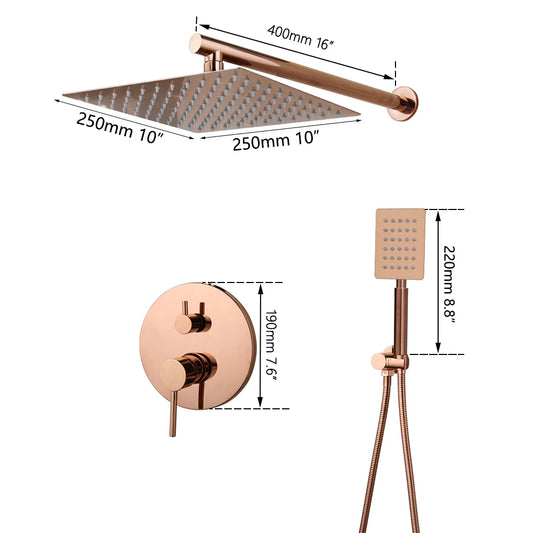 Monite Rose Golden Shower Faucet Rainfall Square Head Pink Gold Bathroom Bathtub Shower Set Faucet w/Hand Shower & Bathtub Mixer