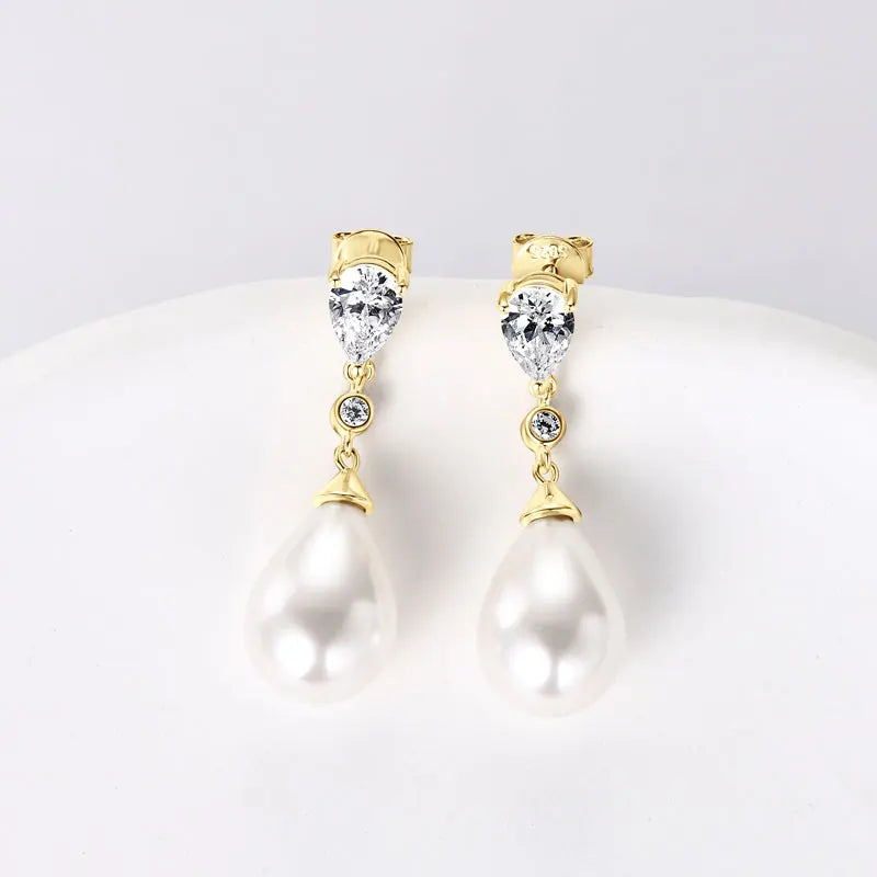 Anziw Elegant 925 Sterling Silver Earrings 13mm White Shell Pearl Drop Stud Earrings Engagement Wedding Fine Jewelry for Women