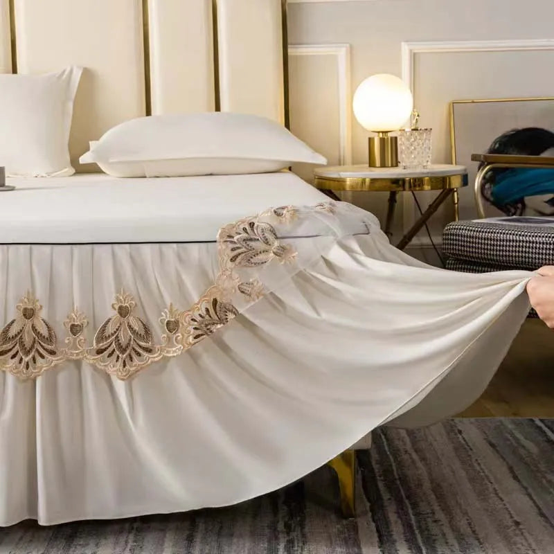 3pcs Set Raw Cotton Soft Bedspread Bed Romance Dust Protector Cover Embroidery Lace Edge Bed Skirt with 2pcs Pillowcase